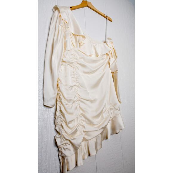 TULAROSA 'Naomi' Cream Satin Ruched Ruffled One Sleeve Mini Dress XL - Picture 6 of 13